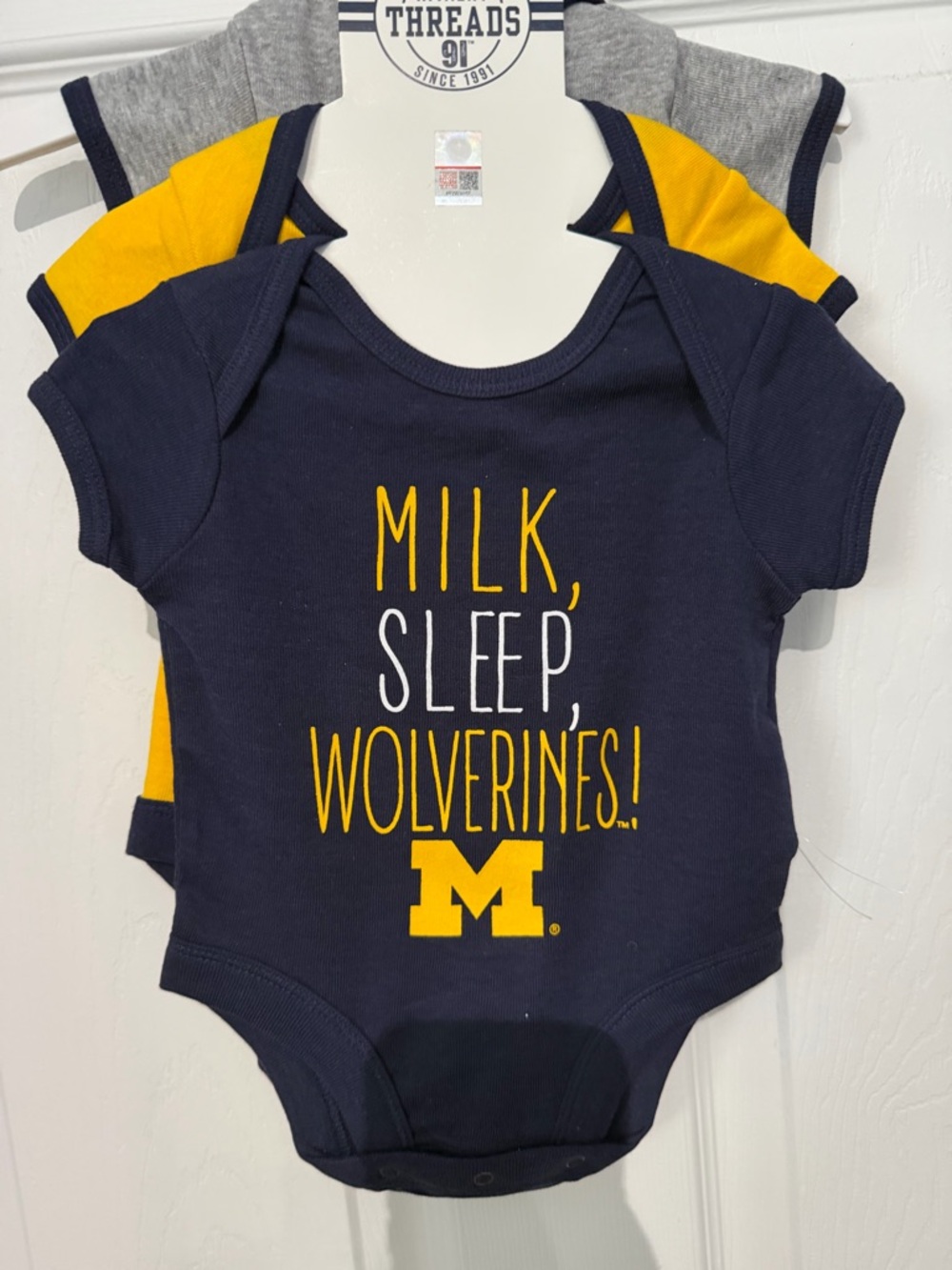 NWT Knights Apparel Navy & Yellow "Milk, Sleep, Wolverines!" Baby One-Piece.